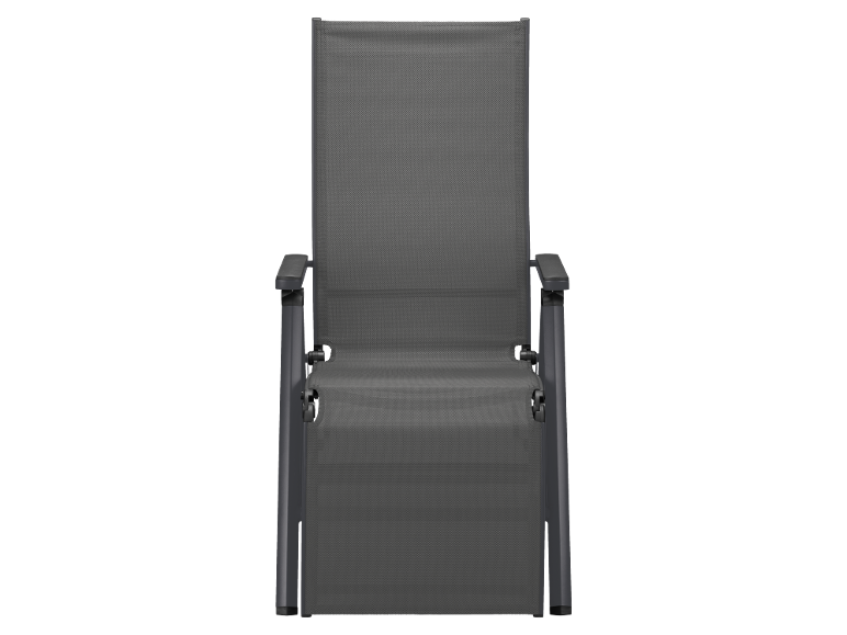 Dark grey garden chair with armrests on a black background.