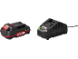 Rechargeable battery and charger for power tools, both black with red accents.