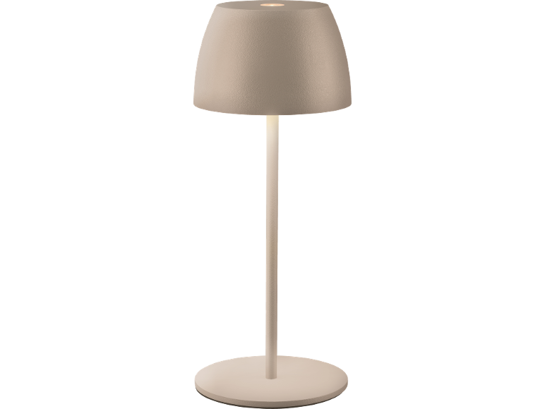 Beige table lamp with a round base and an illuminated dome-shaped head.