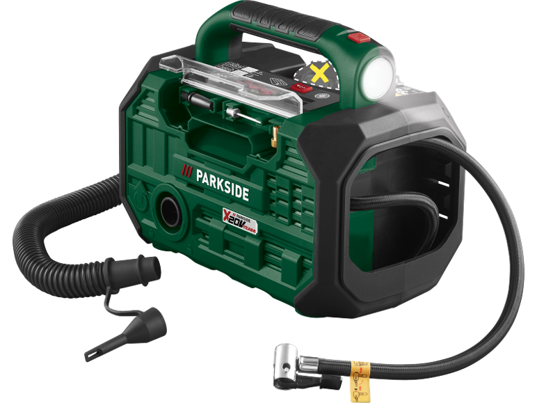 Portable compressor and inflator with a flashlight and various attachments.