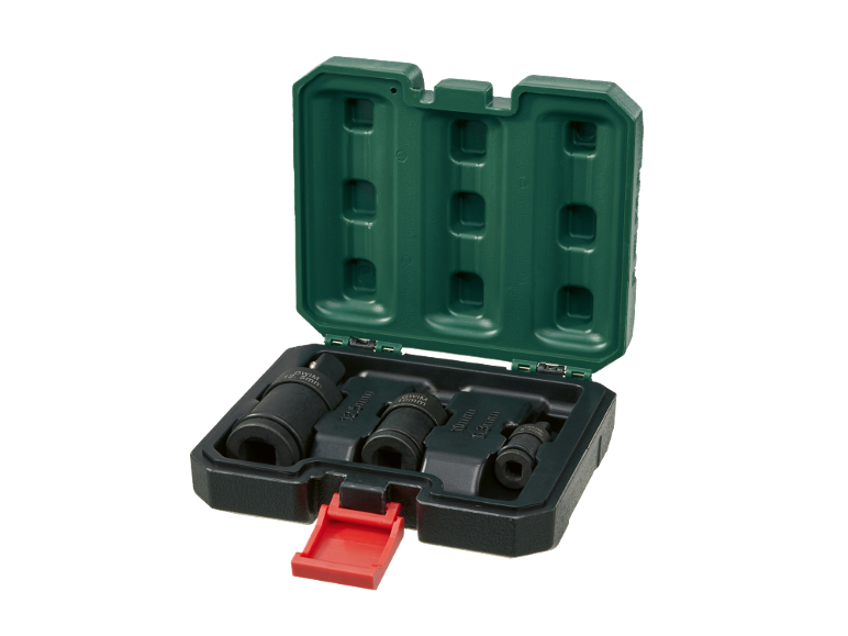 Set of black impact socket wrenches in an open green case with a red clasp.