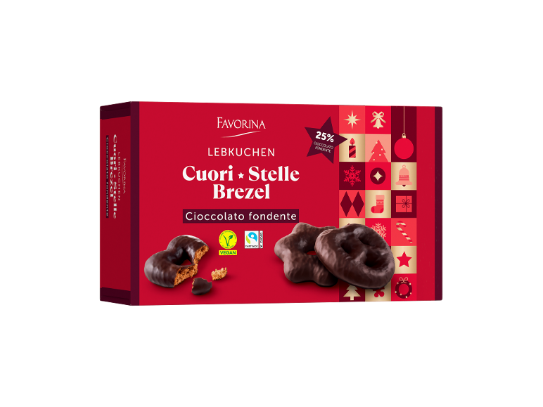 Lebkuchen hearts, stars, and pretzels with dark chocolate, vegan, Christmas themed.