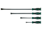 Set of four chisels with green and black handles, arranged in decreasing size.