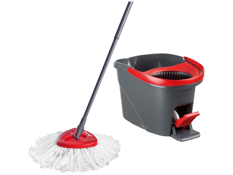 Microfiber mop with handle and bucket with pedal wringer.
