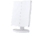 White foldable cosmetic mirror on a stand.