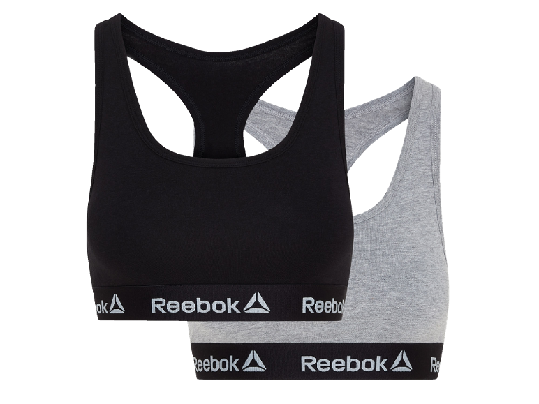 Two cotton sports bras, one black and one grey, with logo elastic band.