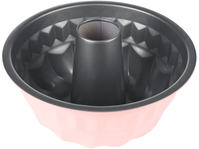Pink bundt cake pan with a fluted interior and a central tube.