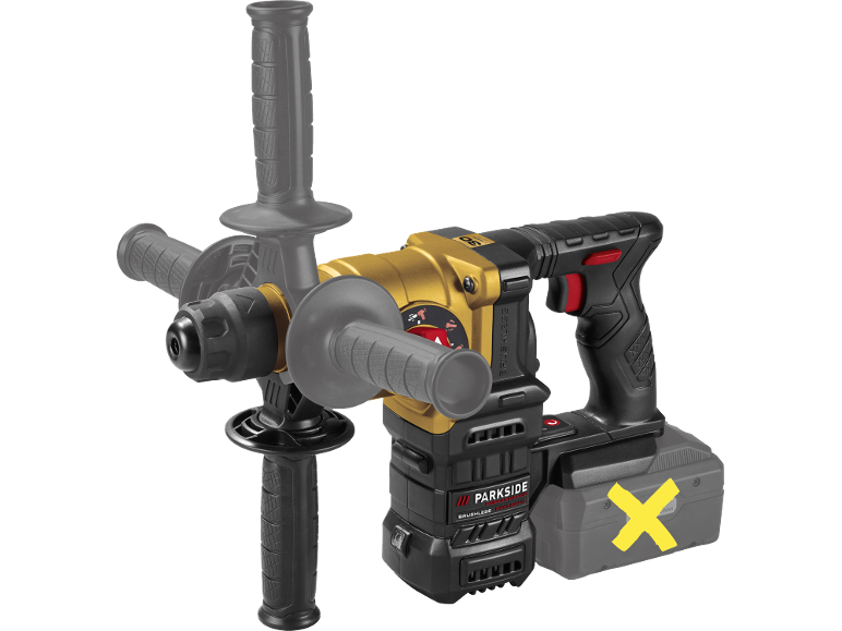 Cordless rotary hammer drill with additional handles, without battery.