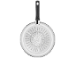 Bottom of a frying pan with a black handle, showing induction technology.