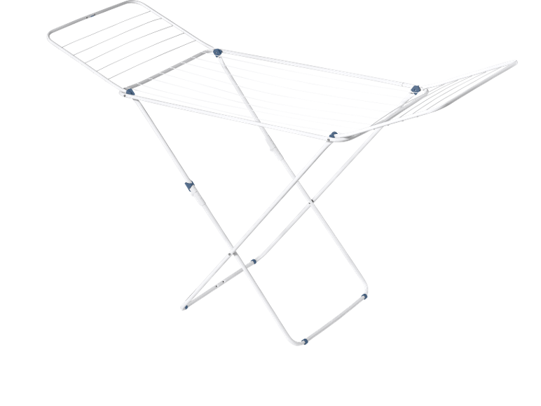 White foldable clothes drying rack with blue accents.