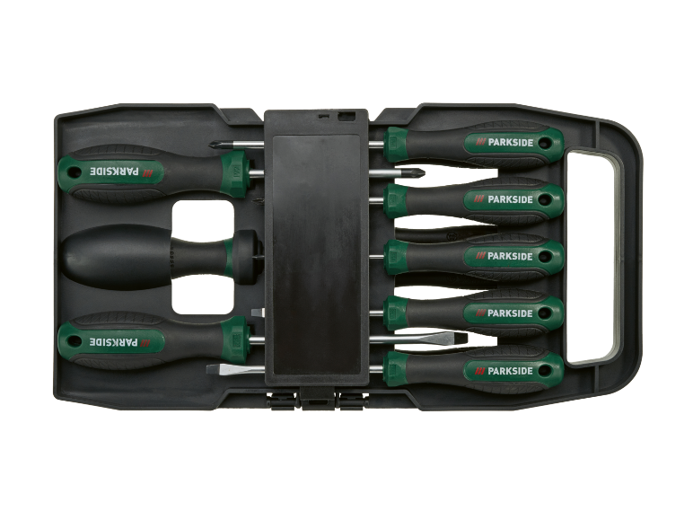 A set of screwdrivers with black and green handles in a dark gray case.