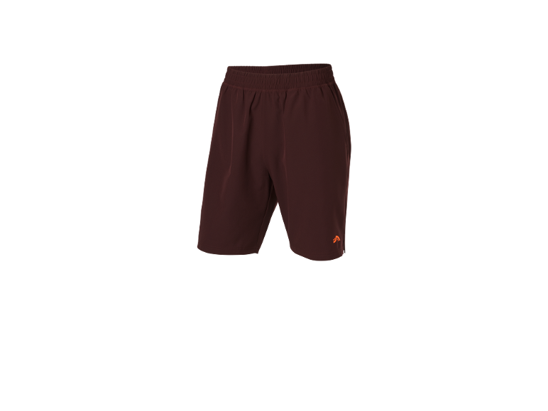 Brown sports shorts with an elastic waistband and a small orange logo.