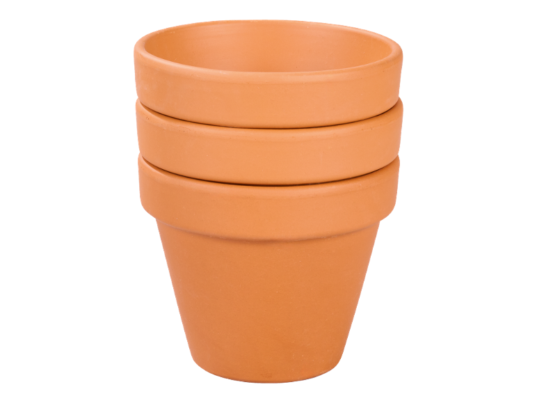 Stack of three empty terracotta flower pots.