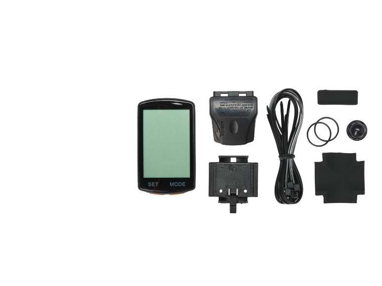 Bicycle computer with display, sensor, cables, and accessories.