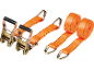 Orange ratchet tie-down straps with metal hooks and ratchets on a black background.