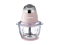 Pink chopper with a transparent glass bowl and measuring scale.