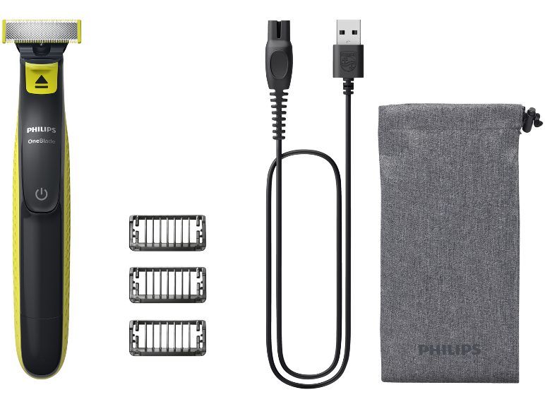 Electric shaver with replacement blades, USB charging cable, and travel pouch.