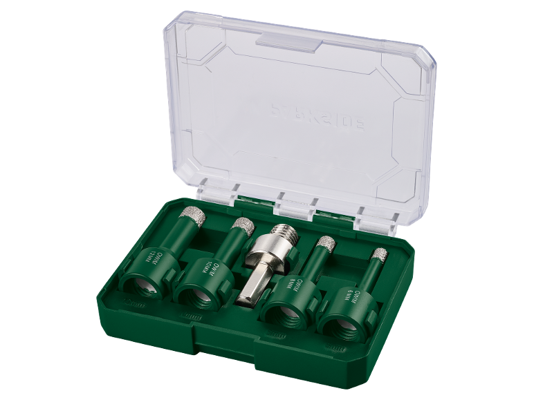 Diamond tile drill bit set in a green case, with sizes 6, 8, 10, 12 mm and an adapter.