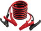 Red and black jump starter cables with clamps on a black background.