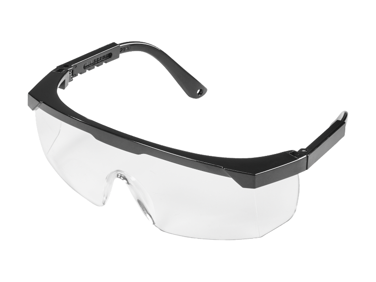 Black safety glasses with clear lenses.