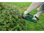 Green electric hedge trimmer trimming an evergreen hedge