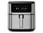 Silver digital air fryer with preset cooking programs and a timer.