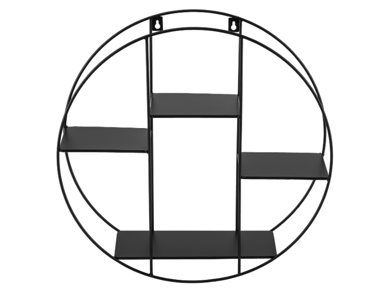 Round black metal wall shelf with four compartments.