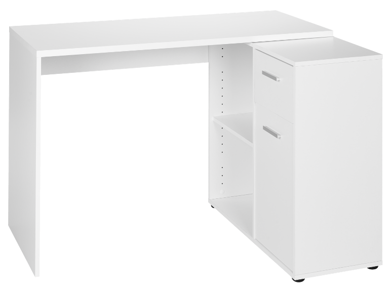 White L-shaped desk with open shelves and two drawers