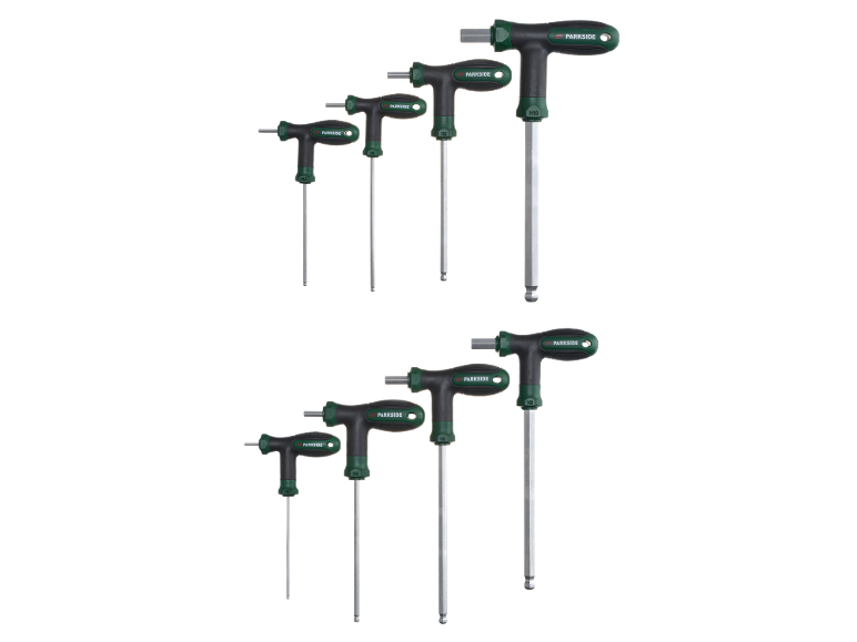 Two sets of T-handle hex keys of varying sizes, featuring black and green handles.