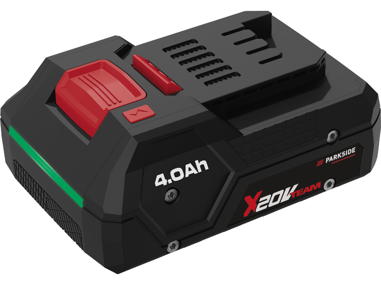 Black and red 4.0Ah 20V power tool battery with green indicator light.