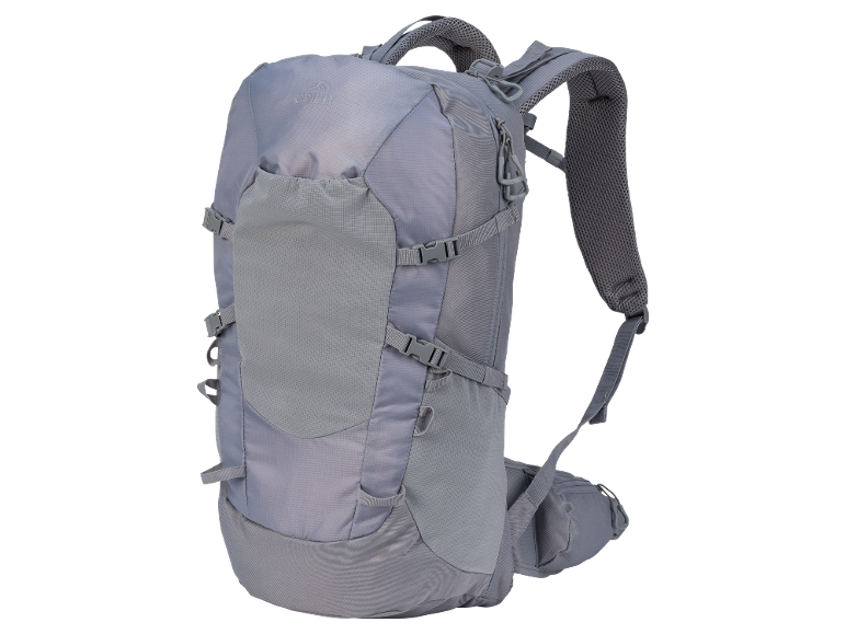 Grey hiking backpack with adjustable straps and mesh panels.