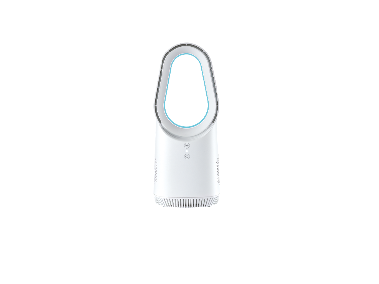 White bladeless fan with blue illumination and control buttons