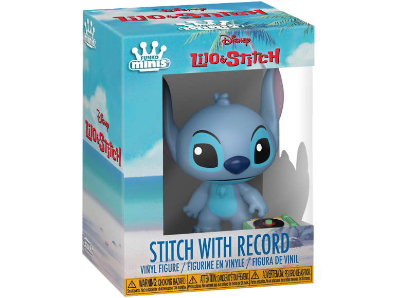 Blue alien character vinyl figure with a record player in a box, Lilo & Stitch themed.