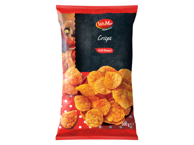 Bag of chili flavour crisps with a flamenco dancer in the background.