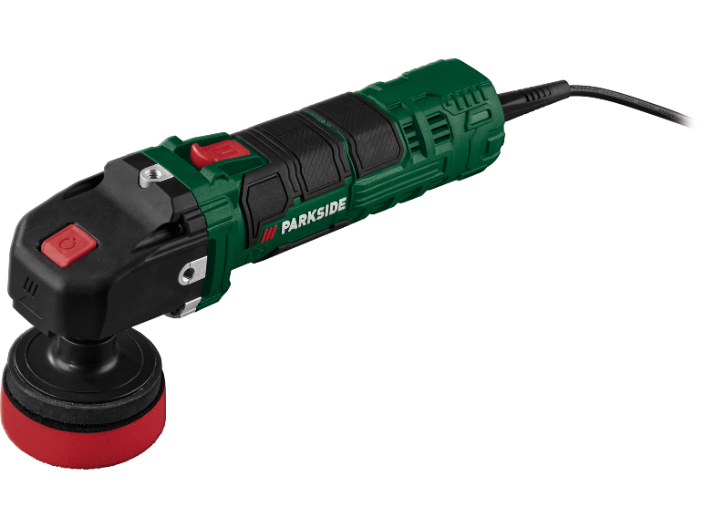 Green and black electric polisher with a red sponge, top-down view.