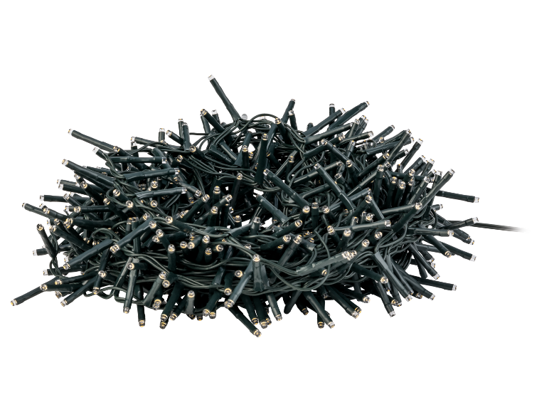 A bundle of dark green LED Christmas lights on a black background.