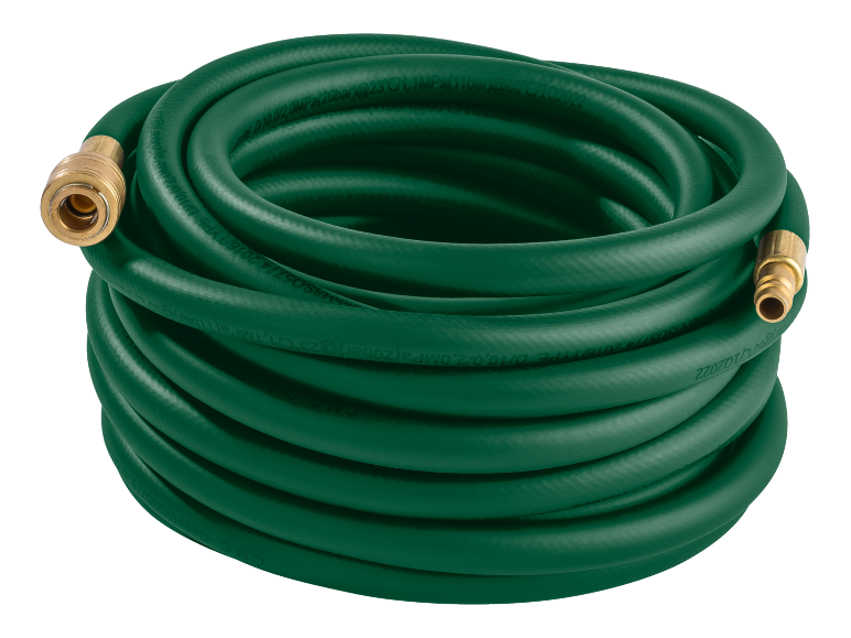 Green garden hose with brass fittings, coiled in a circle.