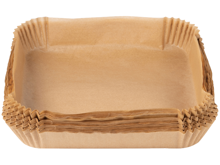 Stack of brown disposable paper baking molds.
