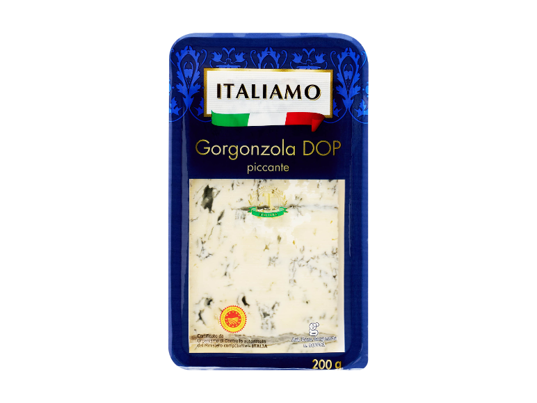 Gorgonzola DOP piccante cheese in blue packaging, 200 g
