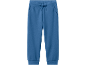 Blue sweatpants with a drawstring waist and elastic cuffs.