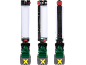 Three cordless LED work lights with batteries, viewed from different angles.