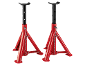 Pair of red car jack stands with black adjustable posts on a black background.