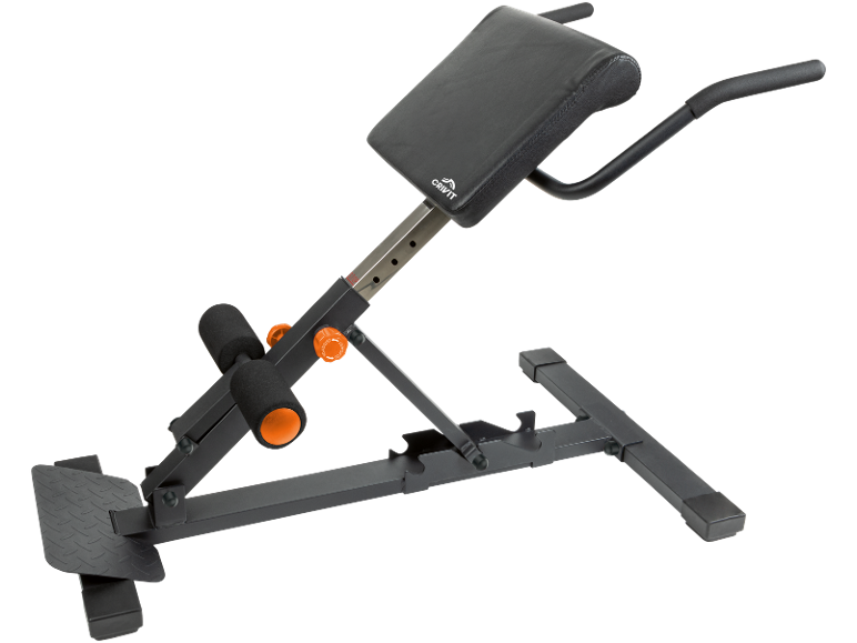Adjustable abdominal and back trainer bench in black and orange.