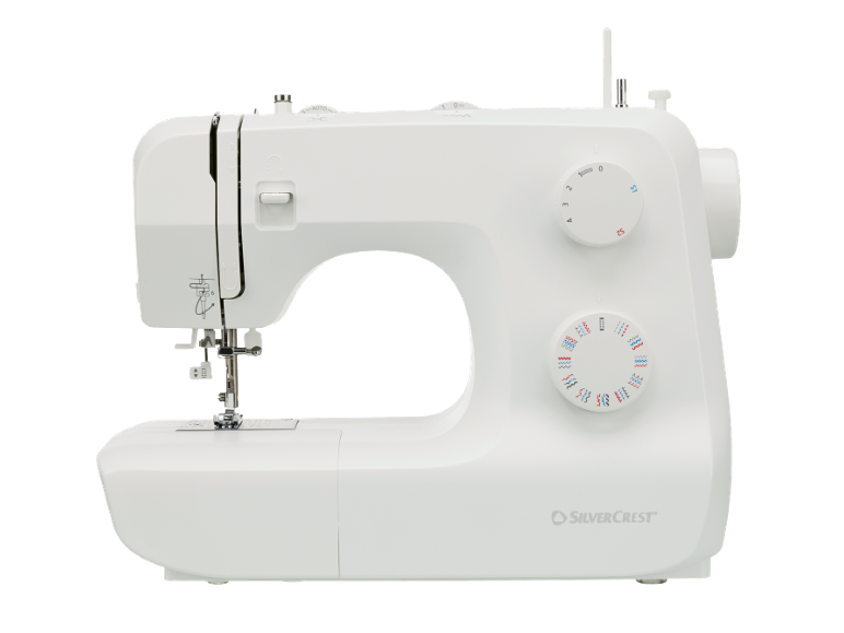 White sewing machine with stitch and length selection dials.