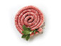 Fresh spiral sausage with herbs and peppercorns on a white background.