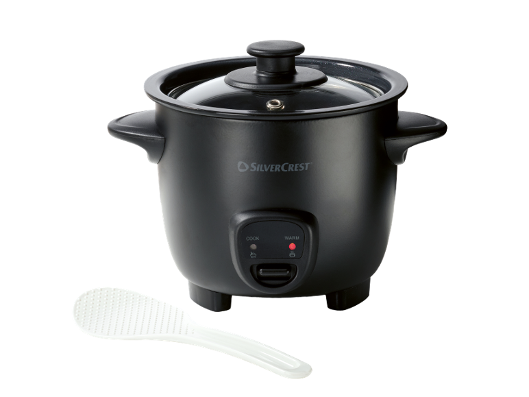 Black rice cooker with a glass lid and a white rice paddle.