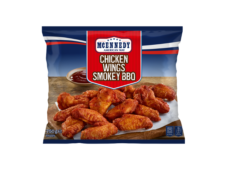 Frozen chicken wings with smokey BBQ flavor, 750g, ready in 15-25 minutes.