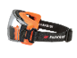 Safety goggles with an orange frame and a black elastic strap