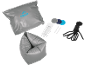 Grey inflatable pillow and bag, with repair patches, rope, and two white sticks.