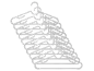 Stack of white plastic clothes hangers on a black background.